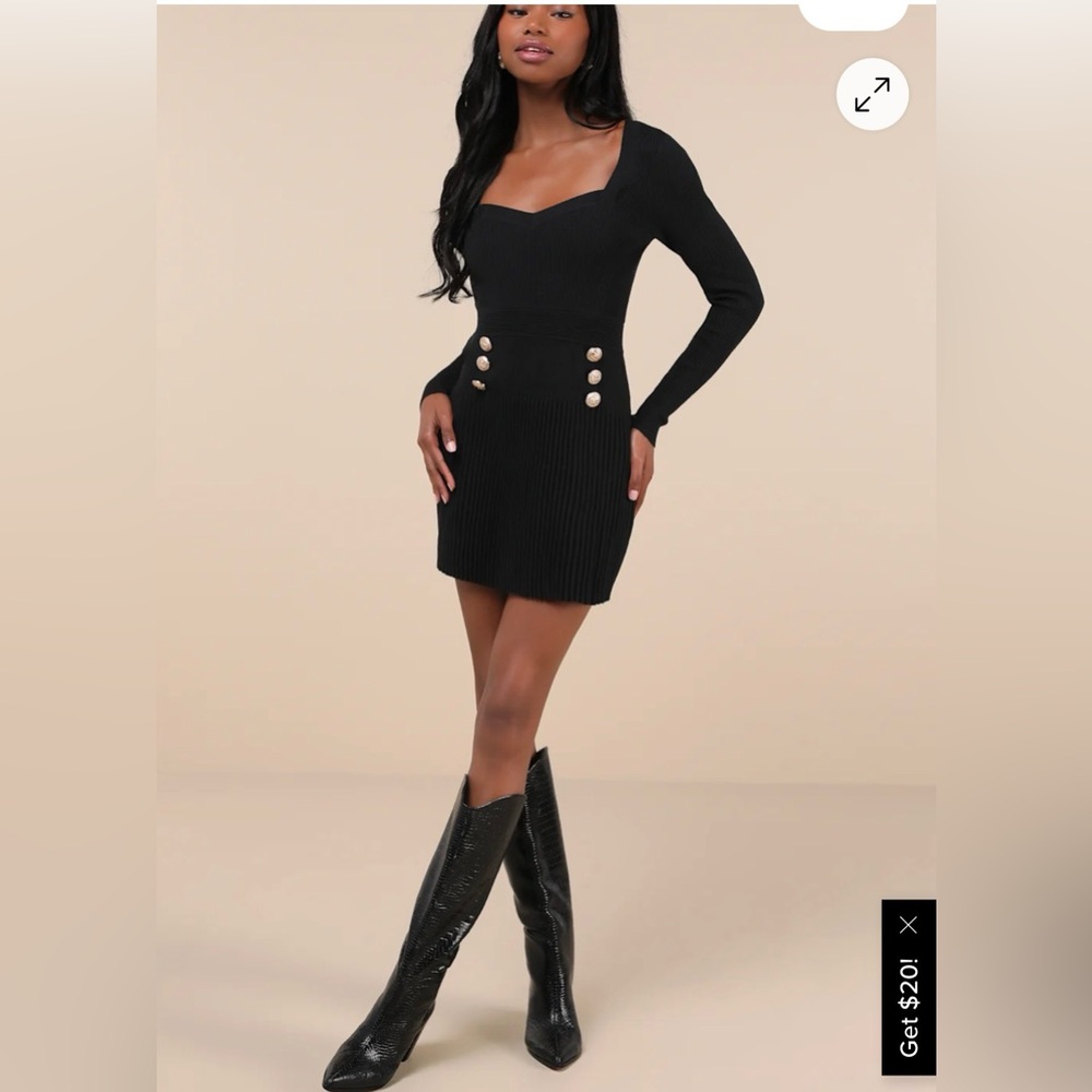 Lulus Black Ribbed Mini Dress Gold Button Detail Long Sleeve Size S
